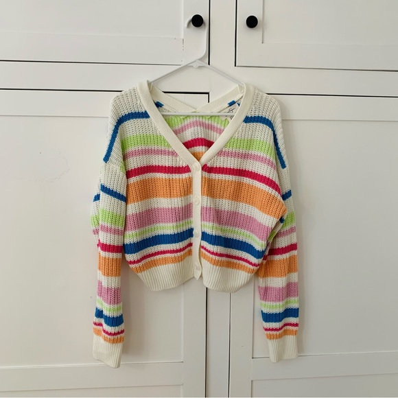 Jessica Simpson Knit Colorful Stripe Button Crop Cardigan Size XL - Picture 1 of 9